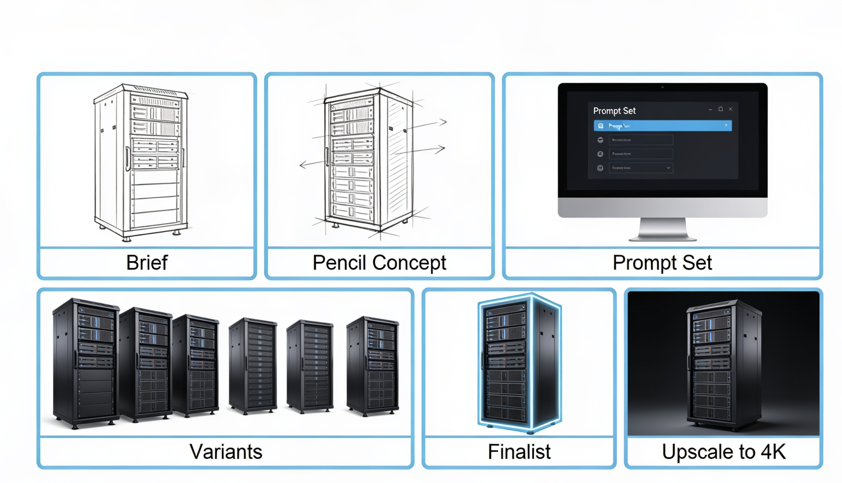 AI-generation pipeline diagram — six panels showing Brief, Pencil Concept, Prompt Set, Variants, Finalist and Upscale to 4K for the HyperNext rack-scale render
